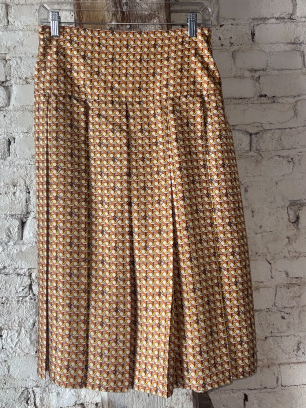 Tory Burch Geometric Pleated Midi Skirt in Orange, Brown & Cream